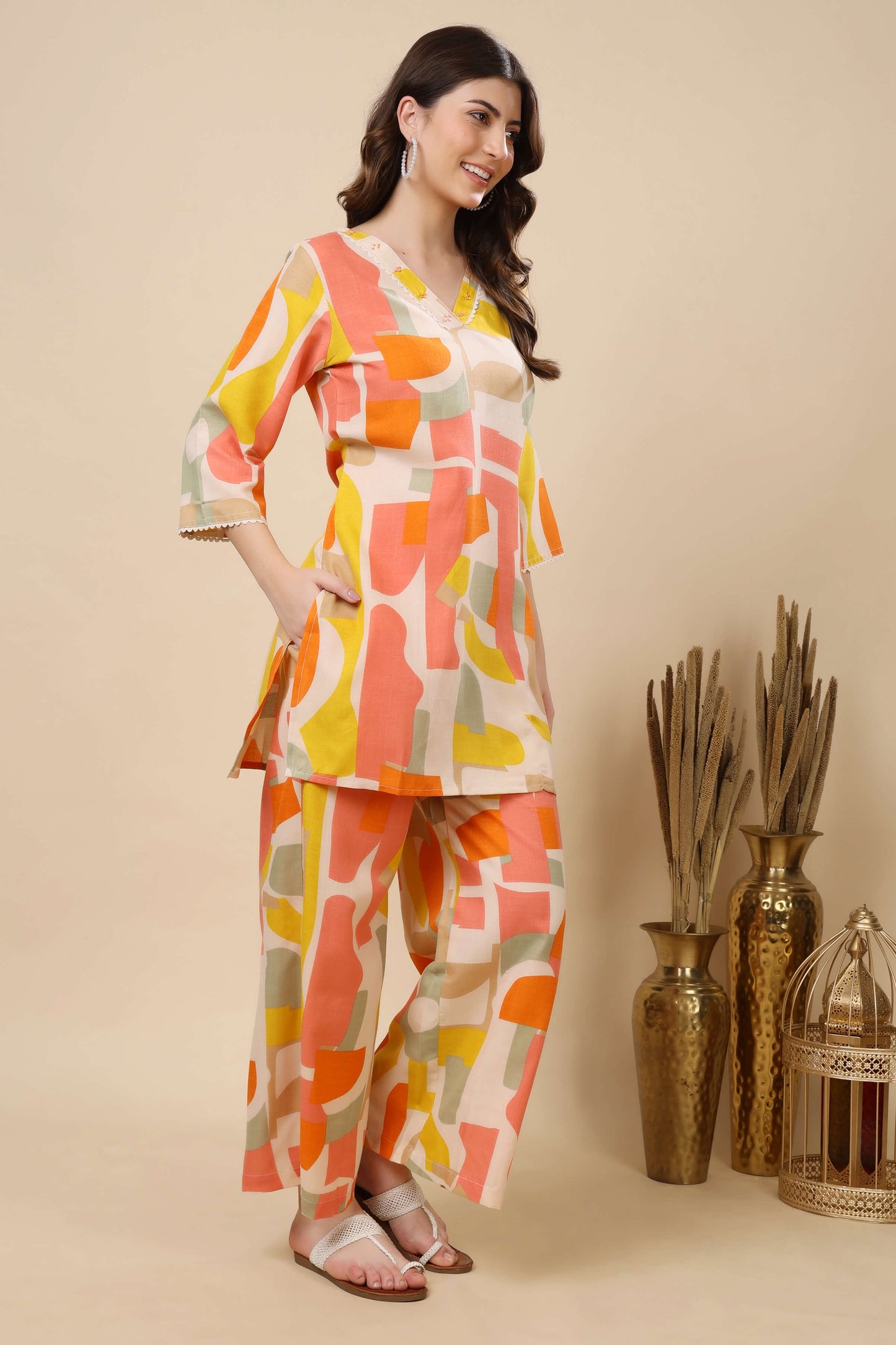 Multicolor Abstract Print Co-ord Set with Handwork Neckline – Side View