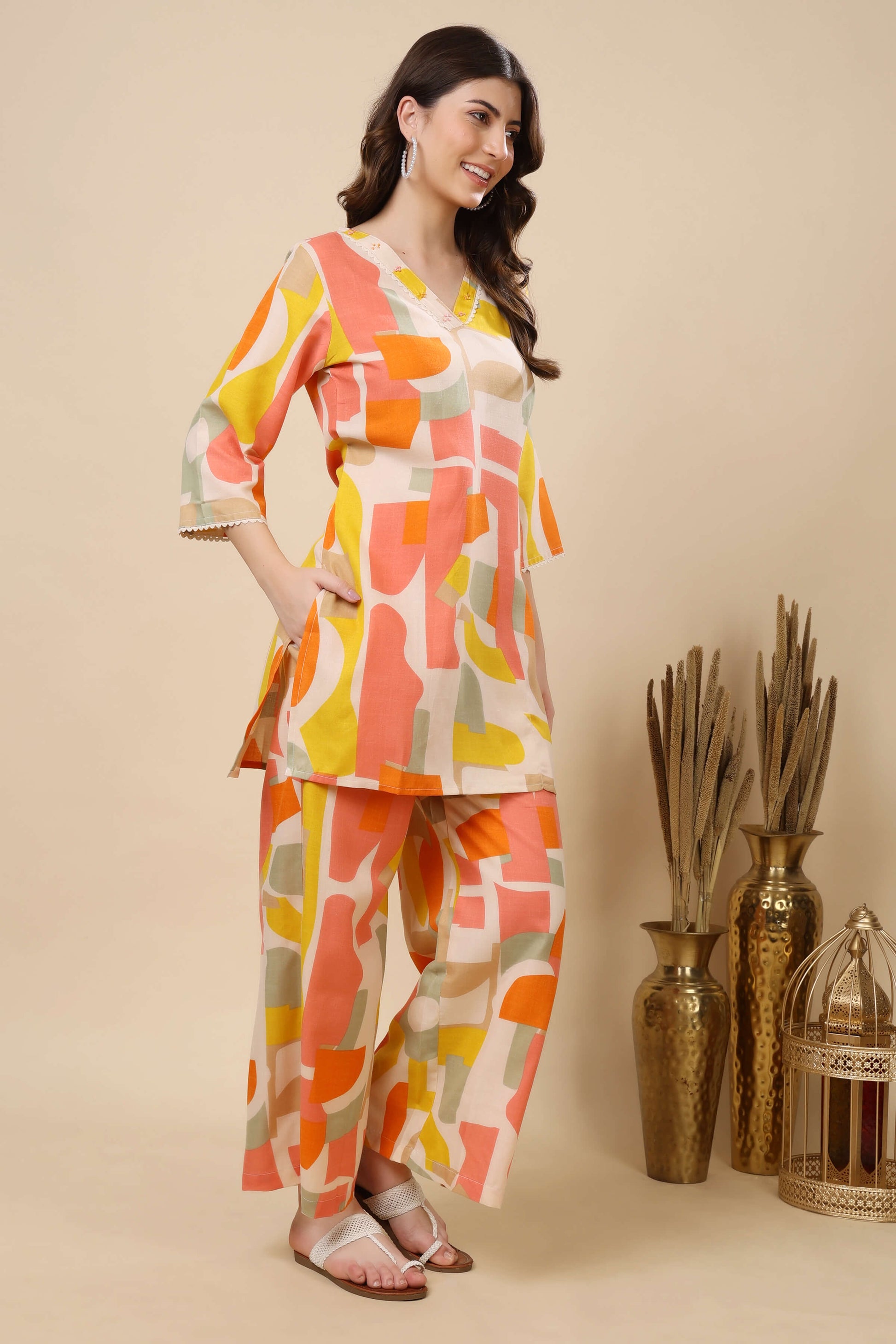 Multicolor Abstract Print Co-ord Set with Handwork Neckline – Side View
