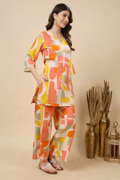Multicolor Abstract Print Co-ord Set with Handwork Neckline – Side View