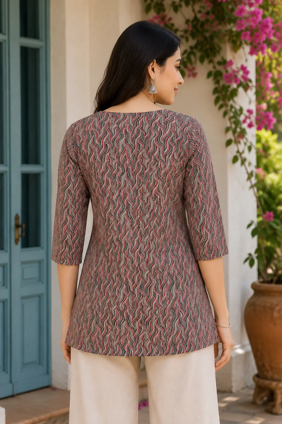 Back view of Rabric women multicolor cotton short top with abstract wave print and 3/4 sleeves casual ethnic western top