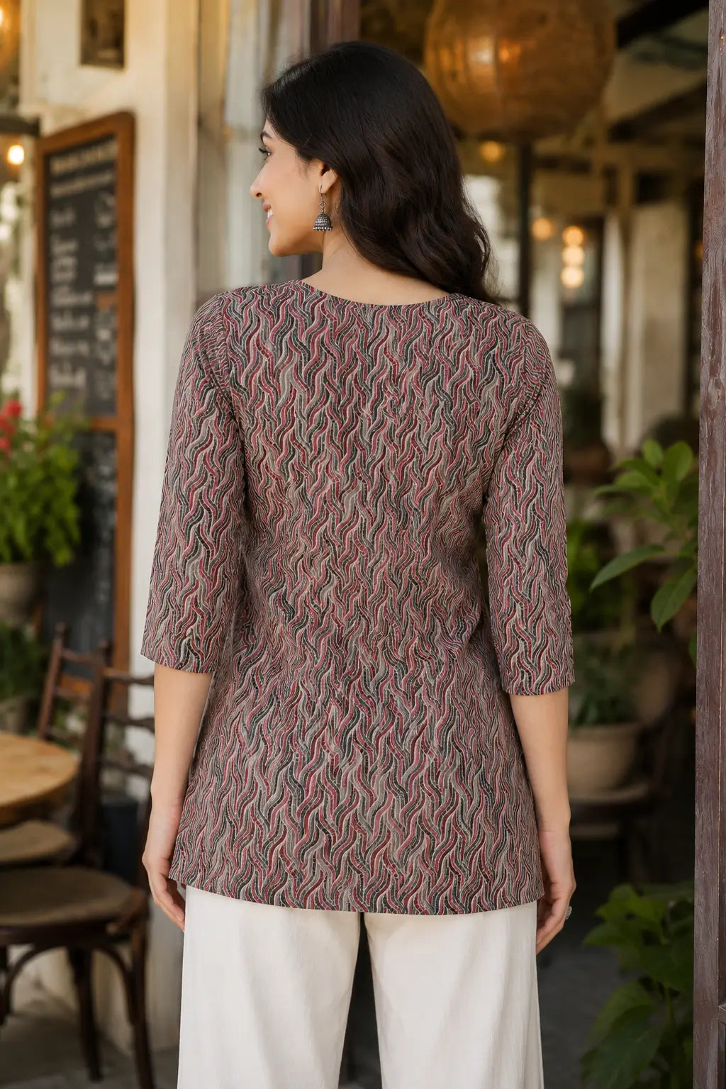 Back view of Rabric women multicolor wave print cotton short top with 3-4 sleeves comfortable cambric cotton casual top for women