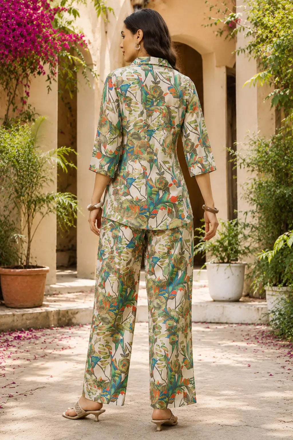 Back view of Rabric women floral printed rayon co-ord set with short shirt and relaxed fit pants stylish summer outfit