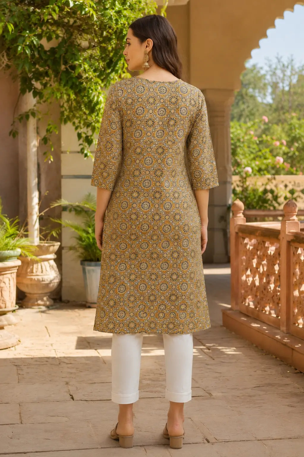 Back view of Rabric mustard ajrakh print cotton kurti for women straight fit ethnic kurta with 3/4 sleeves