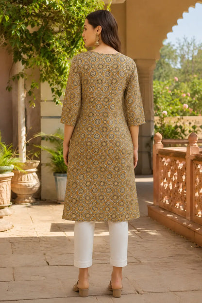 Back view of Rabric mustard ajrakh print cotton kurti for women straight fit ethnic kurta with 3/4 sleeves