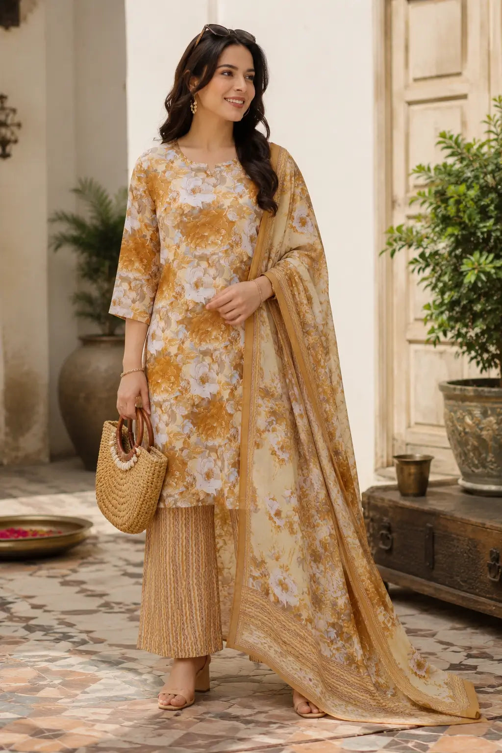 Woman wearing Rabric mustard floral cambric cotton kurta pant set with dupatta in lifestyle fashion shoot