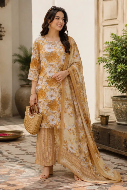 Woman wearing Rabric mustard floral cambric cotton kurta pant set with dupatta in lifestyle fashion shoot