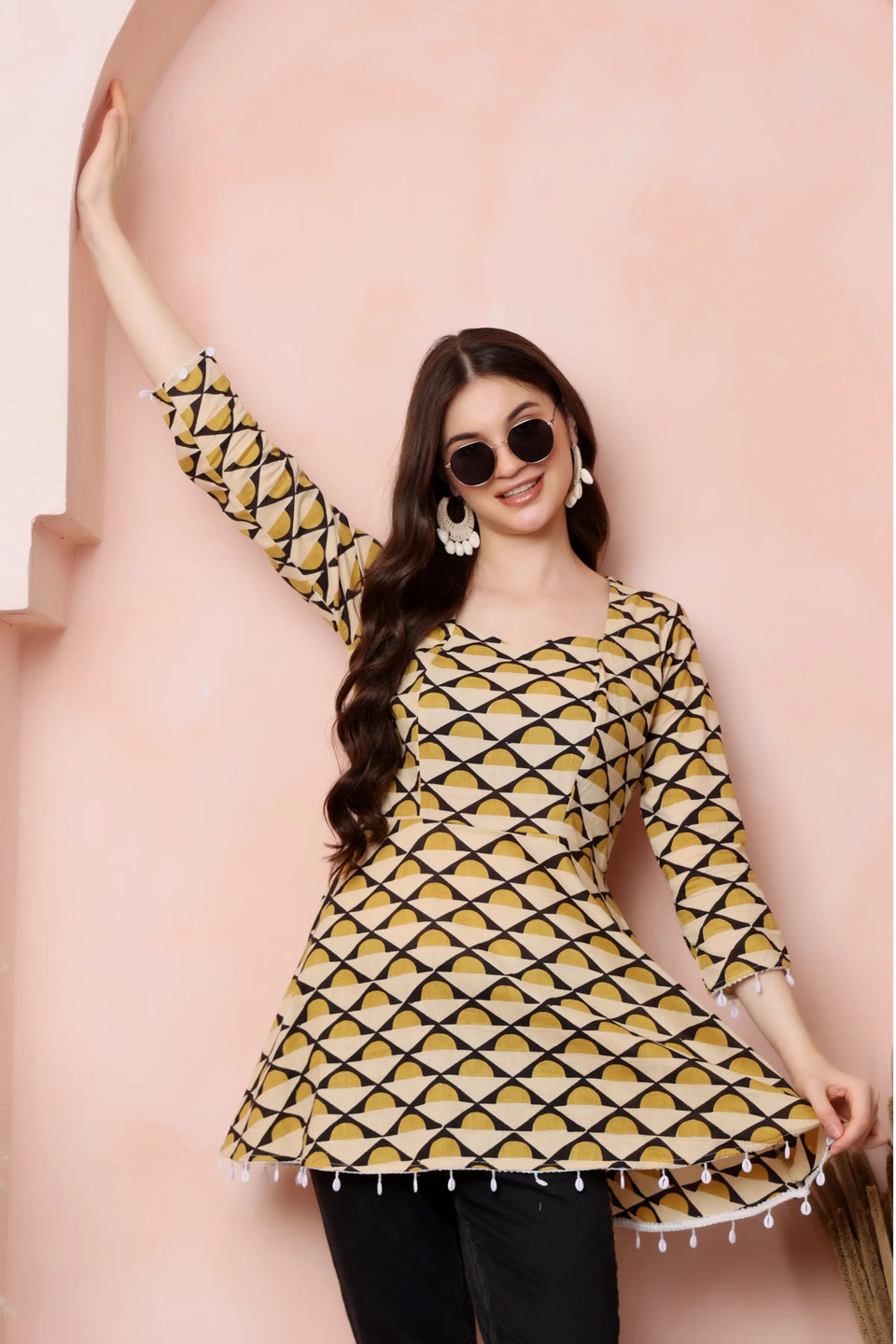 RABRIC mustard cream and black pure cotton flared short kurti for women lifestyle look