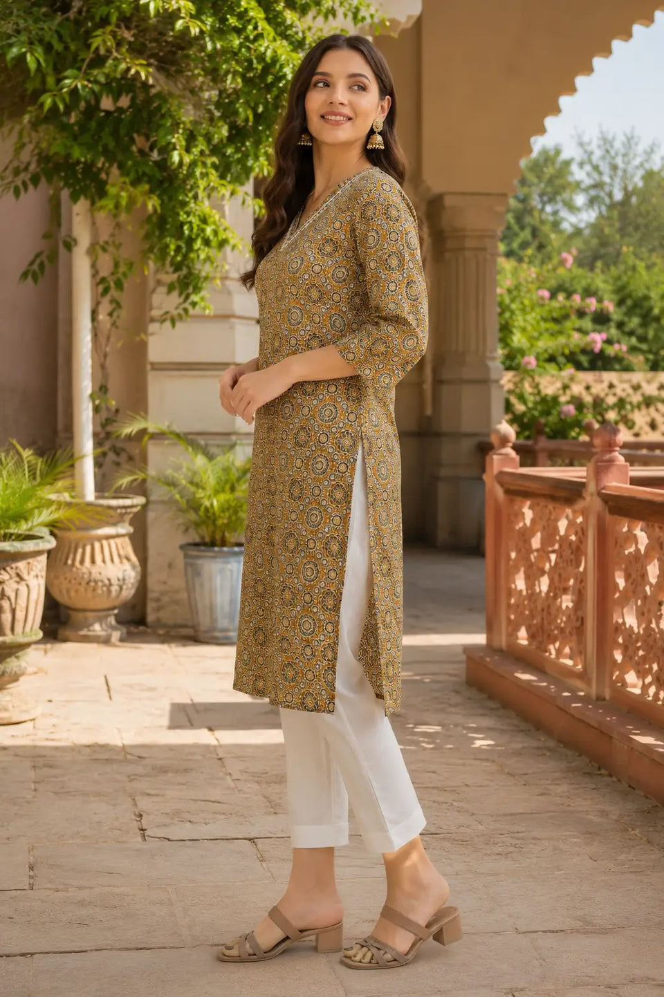 Side angle view of Rabric mustard cotton kurti for women straight fit full length ethnic kurta with side slit