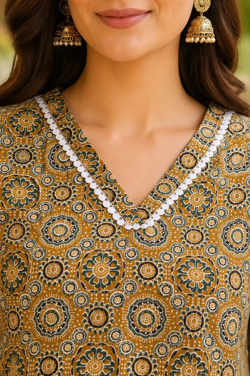 Closeup of stylish V neck design on Rabric mustard cotton kurti for women with traditional ethnic print detailing