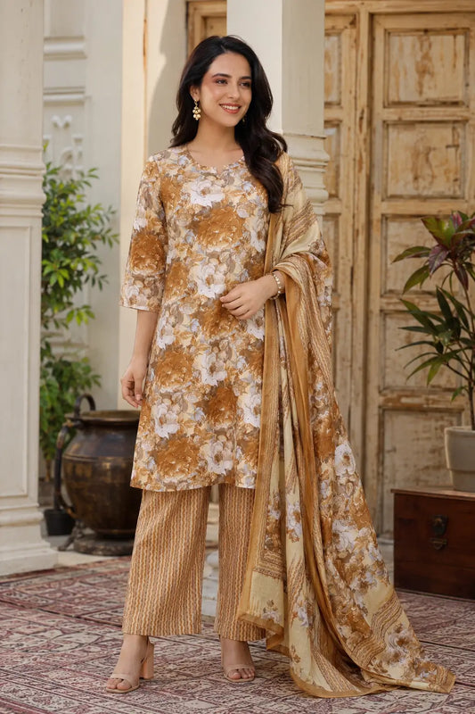 Rabric mustard floral cambric cotton kurta pant set with dupatta front view for women ethnic wear