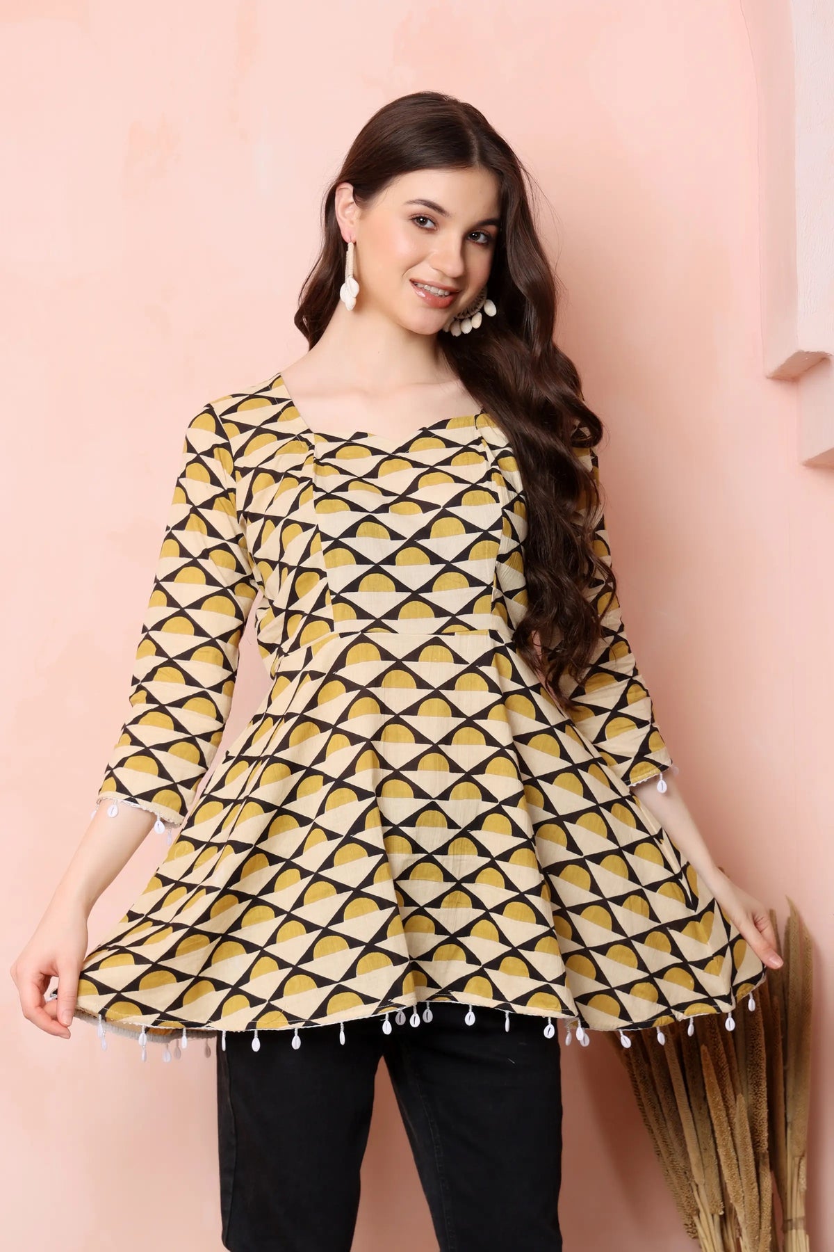 RABRIC mustard cream and black geometric pure cotton flared short kurti for women side view