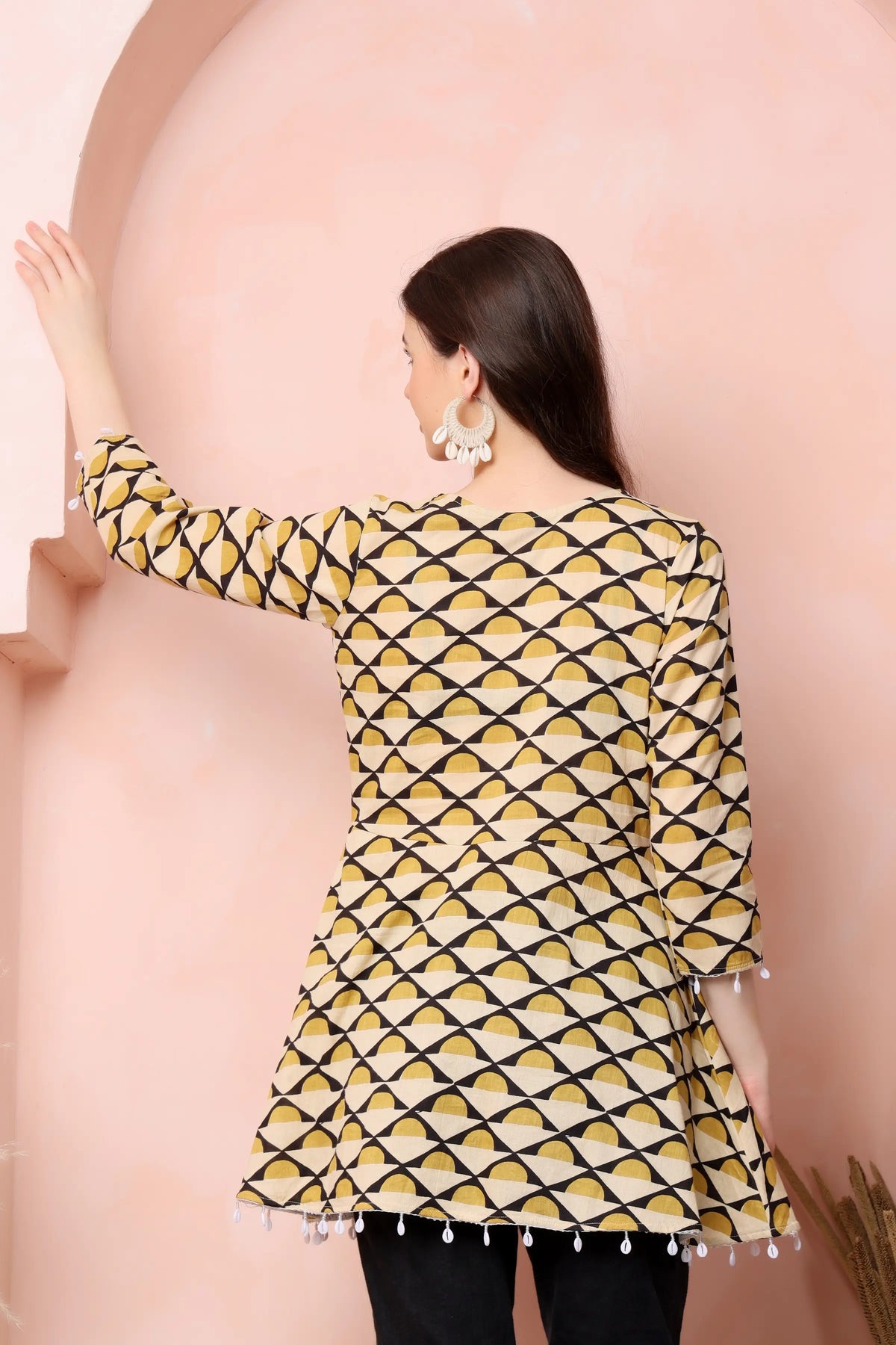 RABRIC mustard yellow cream and black pure cotton printed short kurti for women back view