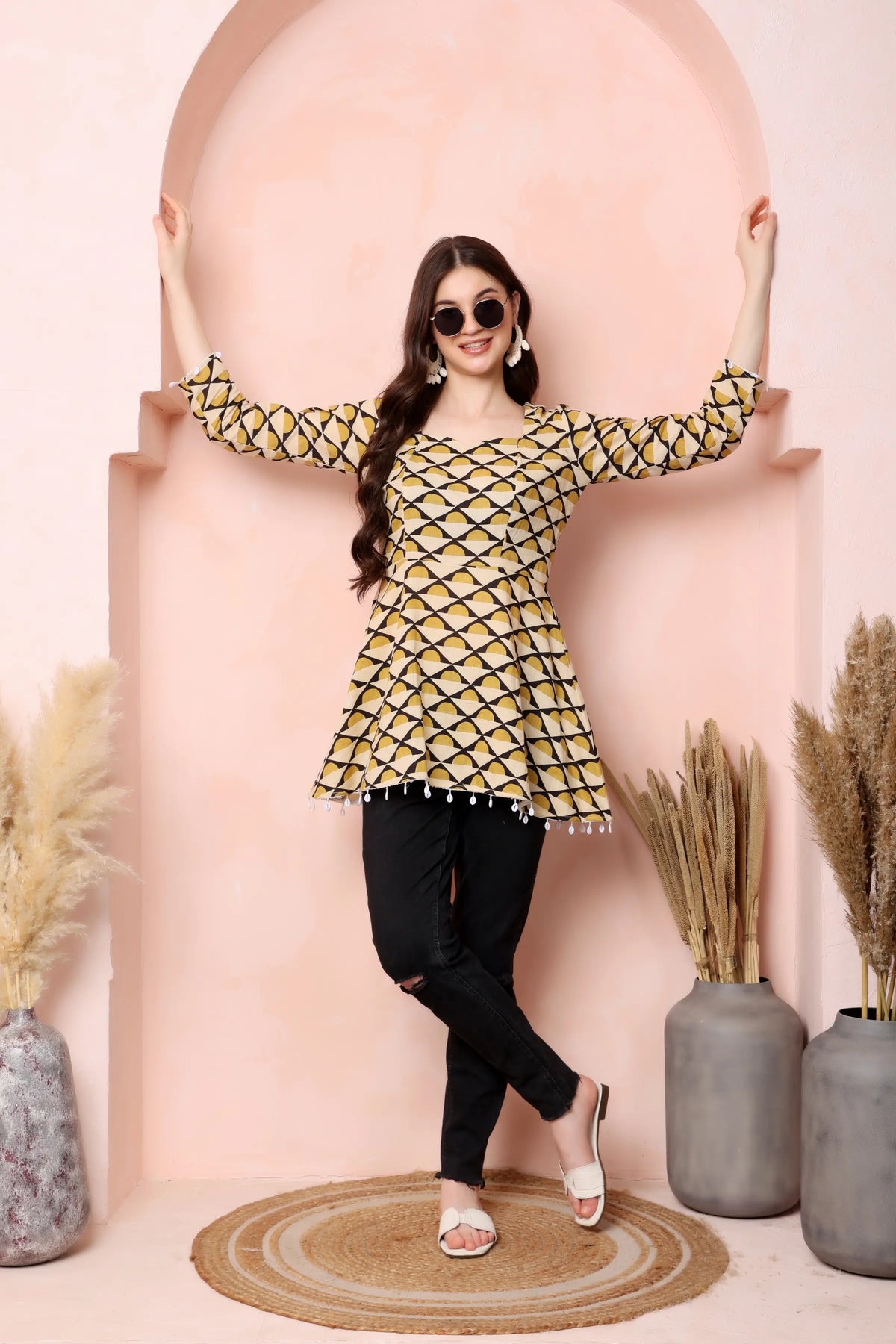 RABRIC mustard yellow cream and black geometric printed pure cotton short kurti for women front view