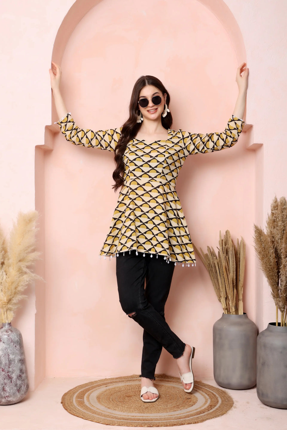 RABRIC mustard yellow cream and black geometric printed pure cotton short kurti for women front view