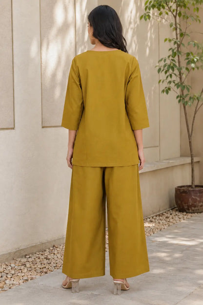 Rabric mustard olive plain cotton co-ord set for women back view with straight tunic top and matching wide leg pants