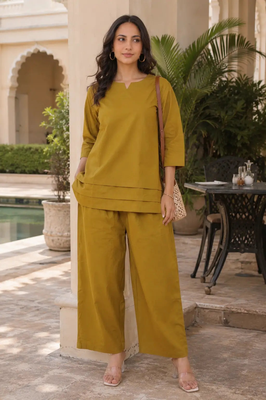Rabric mustard olive plain cotton co-ord set for women casual daywear with comfortable straight top and palazzo pants