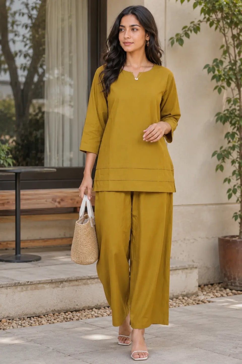Rabric mustard olive solid cotton co-ord set for women with 3/4 sleeve notch neck top and wide leg palazzo front view
