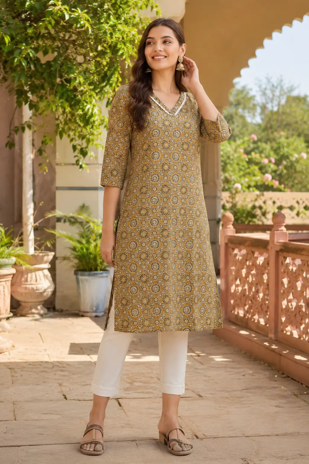 Rabric mustard printed cotton kurti for women front view with stylish V neck and 3/4 sleeves casual ethnic wear long kurta top