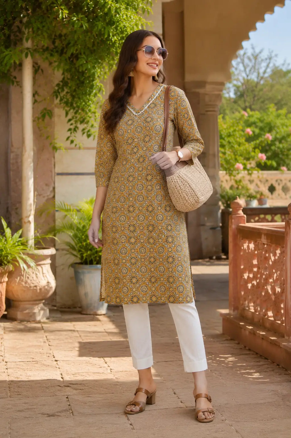 Lifestyle sitting pose image of Rabric mustard cotton kurti for women with modern accessories and comfortable ethnic styling