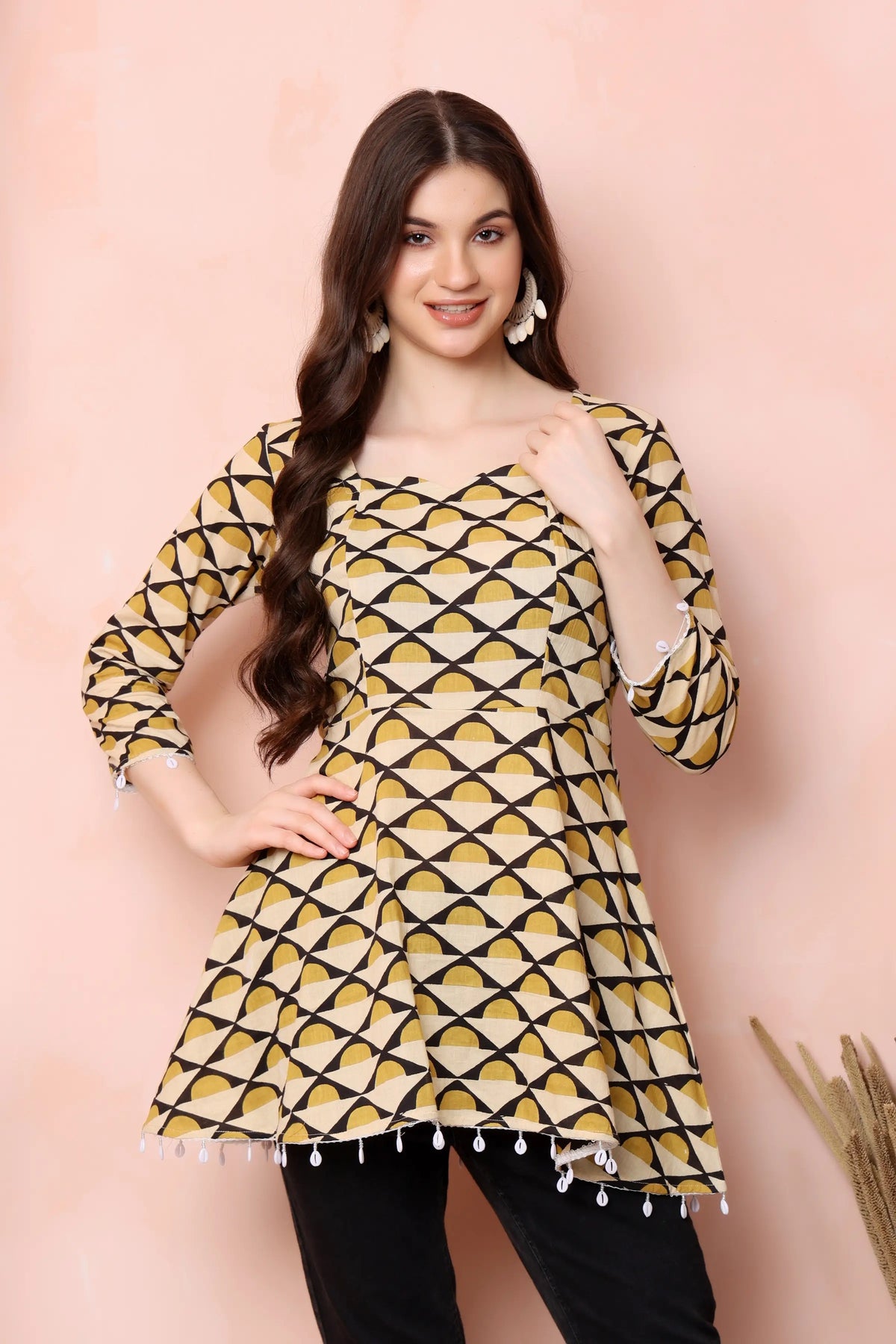 RABRIC mustard yellow geometric printed pure cotton short kurti for women styled for casual everyday wear