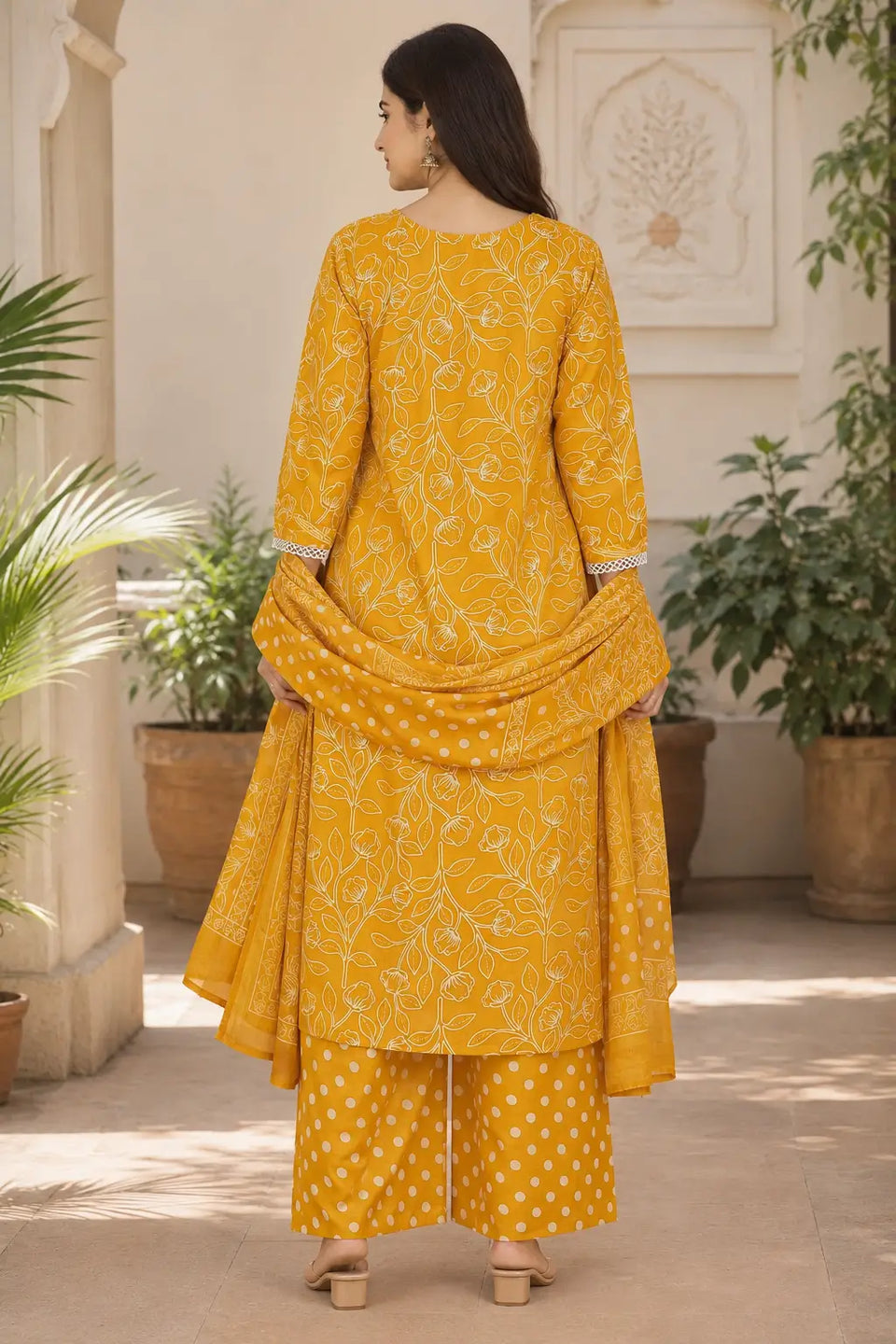 Back view of Rabric mustard yellow cotton floral printed kurta pant set with dupatta for women featuring elegant white vine print and straight fit silhouette.