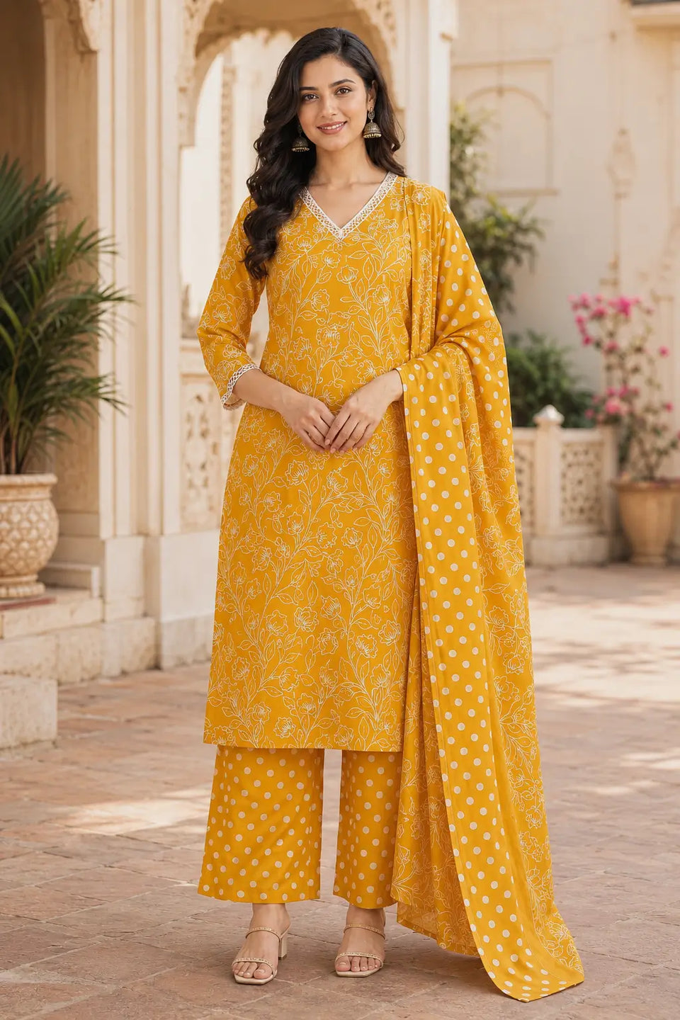 Rabric mustard yellow cotton kurta pant set with dupatta for women featuring white floral vine print, V neck lace detailing, 3/4 sleeves and matching polka dot pants.