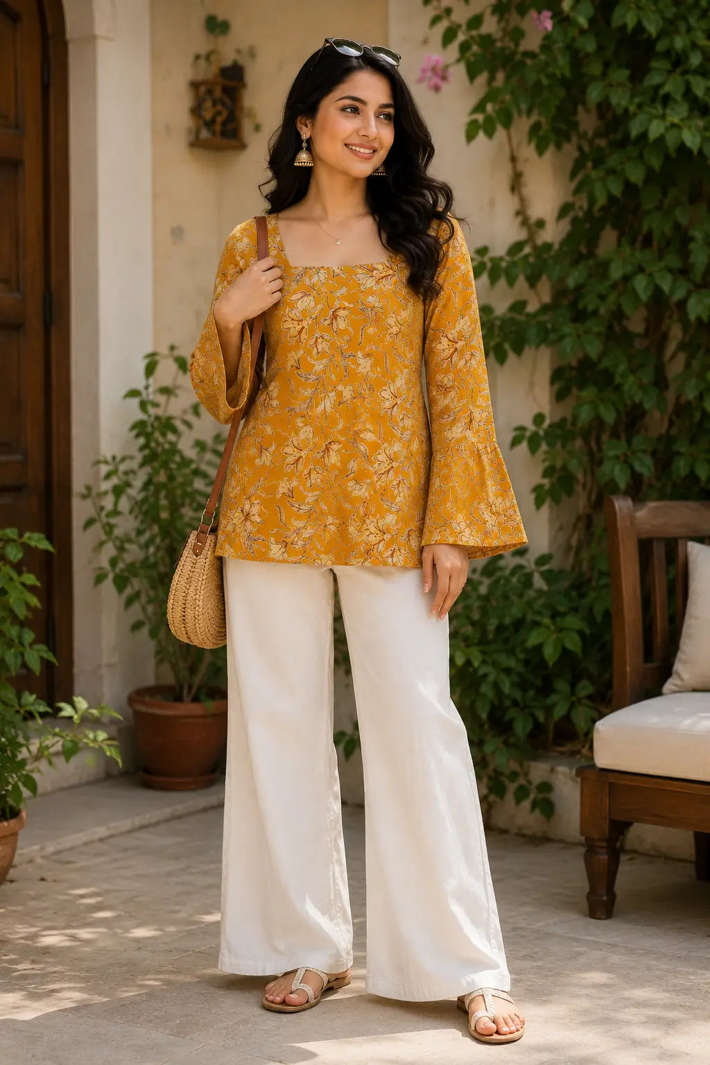 Rabric mustard yellow cotton floral printed short top for women featuring square neck design, hip length fit and full bell sleeves front view