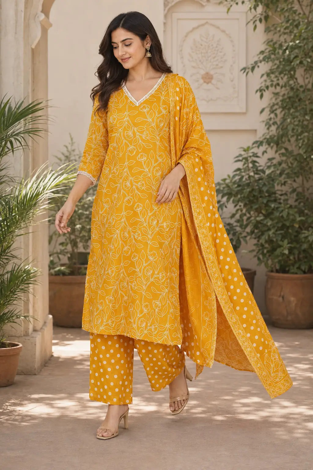 Woman wearing Rabric mustard yellow cotton floral printed kurta pant set with dupatta in an elegant outdoor heritage setting.