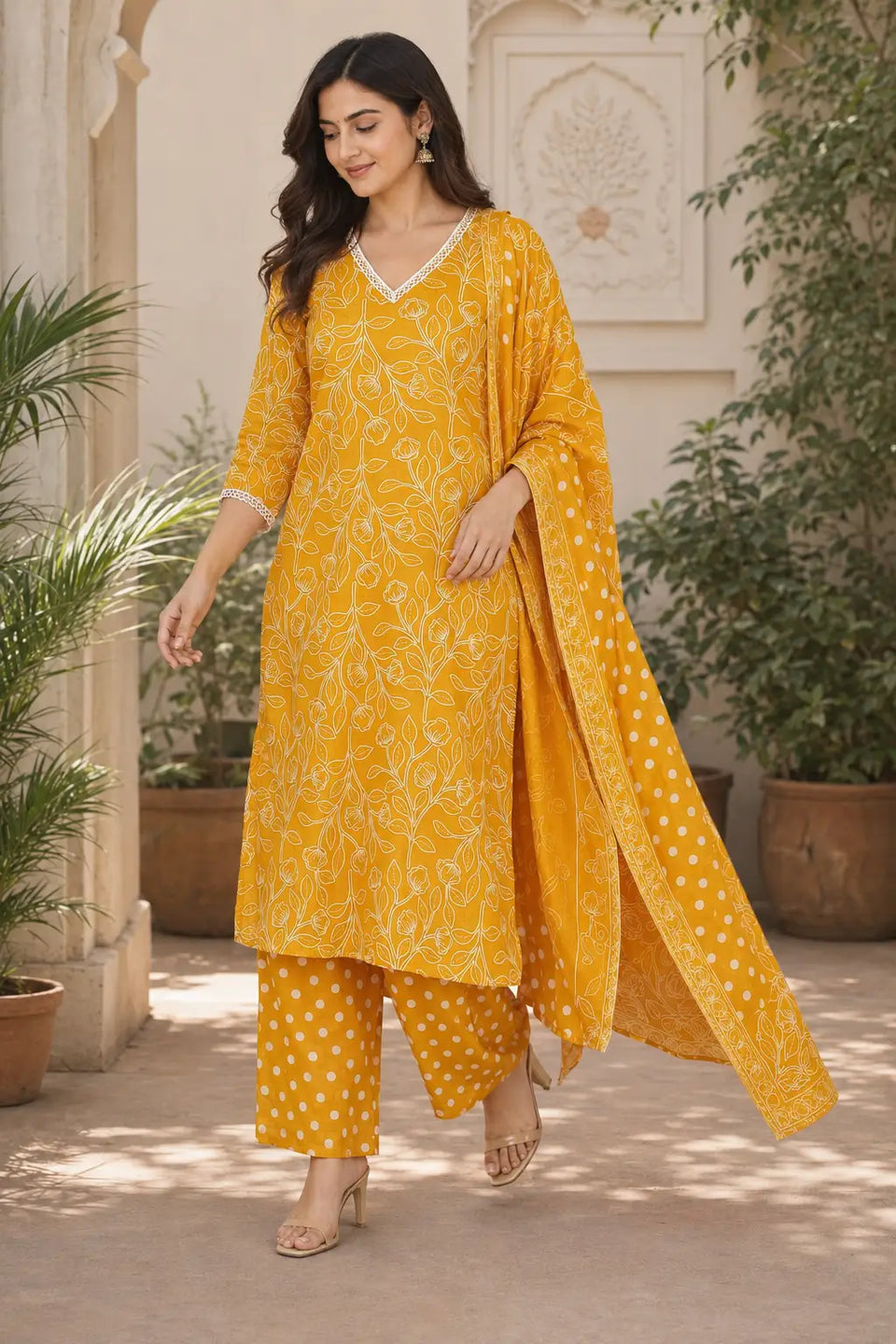 Woman wearing Rabric mustard yellow cotton floral printed kurta pant set with dupatta in an elegant outdoor heritage setting.