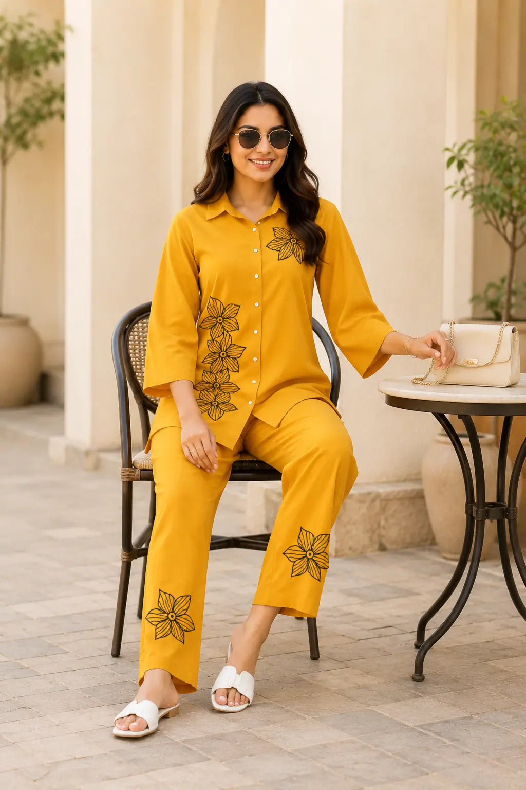 Sitting pose lifestyle image of Rabric mustard yellow rayon floral co-ord set for women with collared shirt and straight fit pants