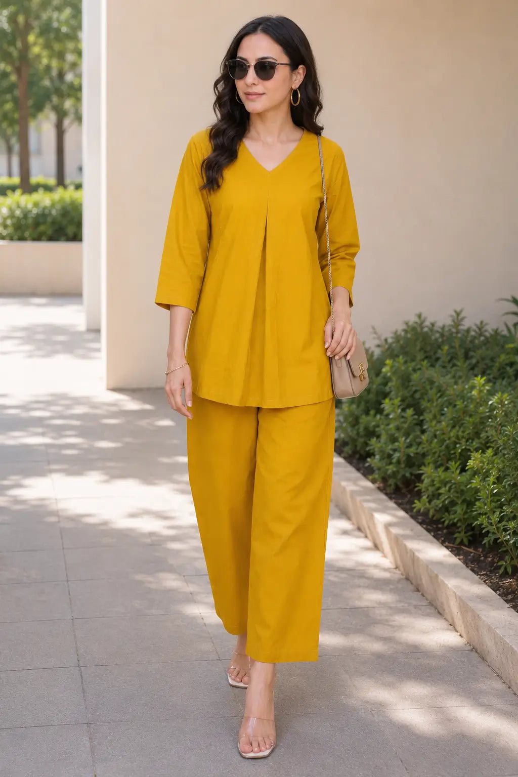 Rabric mustard yellow solid cotton casual co-ord set for women styled with sunglasses, featuring a V-neck top and wide-leg pajama.