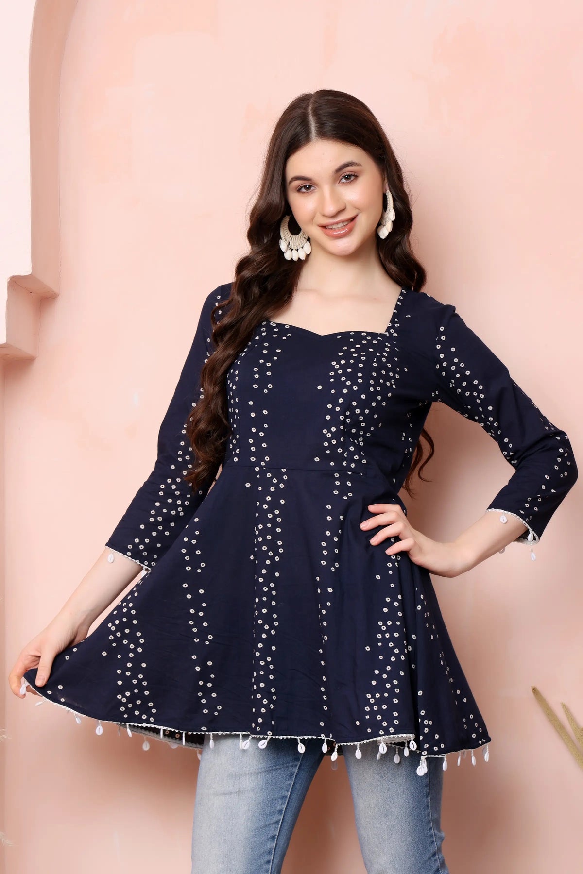 RABRIC navy blue Bandhani-inspired pure cotton short kurti for women in a stylish lifestyle look
