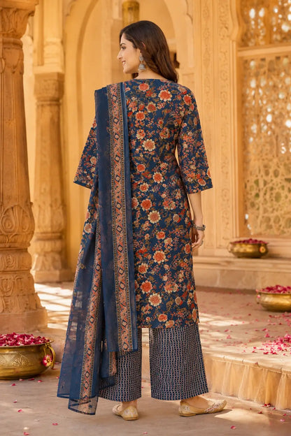 Back view of navy blue cambric cotton floral kurta pant set with dupatta by Rabric women ethnic suit