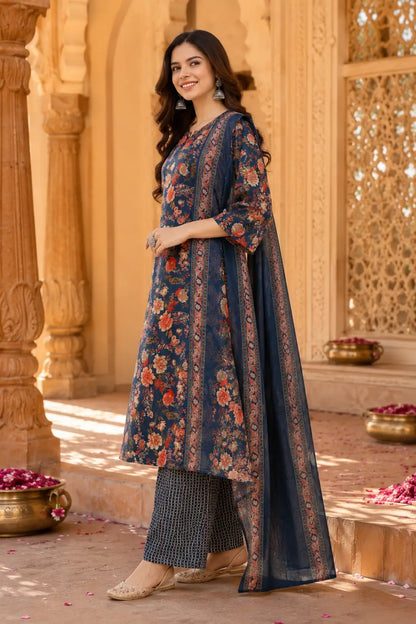 Side angle view of navy blue cambric cotton kurta pant set with dupatta for women by Rabric