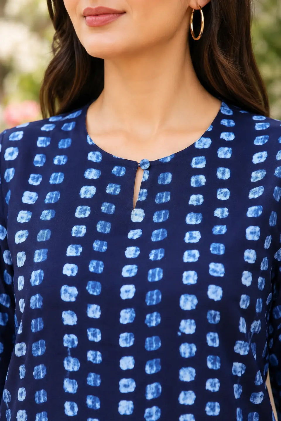 Rabric navy blue cotton co-ord set with light blue abstract dot print, round neck short top with keyhole button neckline detail
