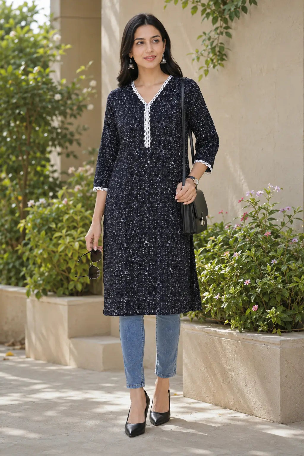 Rabric navy blue cotton daily wear kurti for women with abstract geometric print, V neck and elegant white embroidery detail