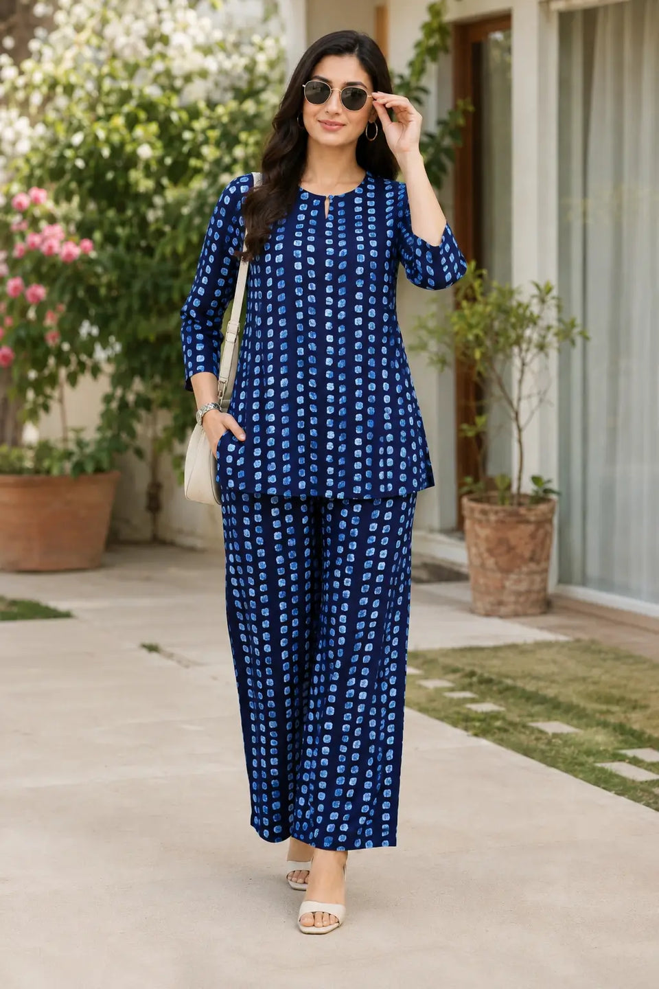 Rabric navy blue cotton abstract printed co-ord set for women with short top, wide leg pants and casual handbag lifestyle styling