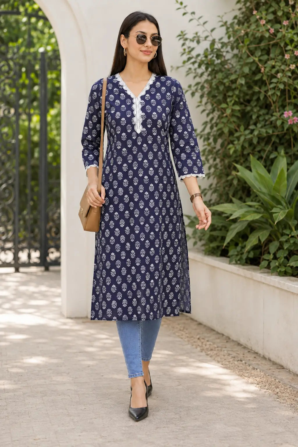 Rabric navy blue cotton casual straight kurti for women with white leaf floral print and embroidered V-neck styled for everyday wear