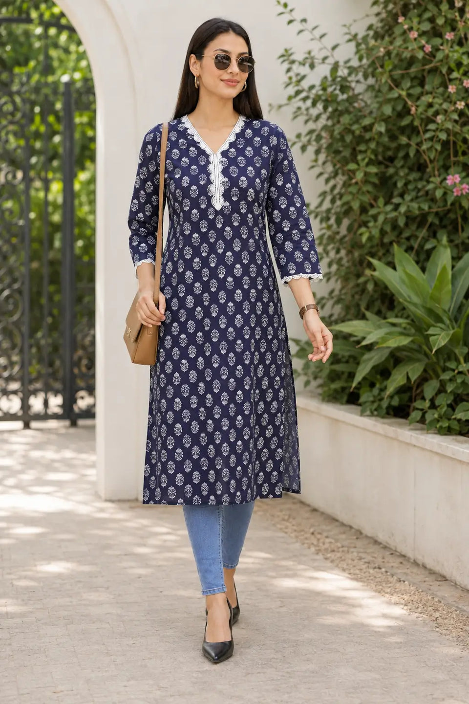 Rabric navy blue cotton casual straight kurti for women with white leaf floral print and embroidered V-neck styled for everyday wear