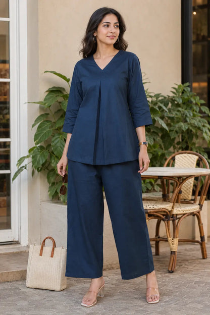 Rabric navy blue cotton co-ord set for women with V-neck front pleat top and wide-leg pajama, front view