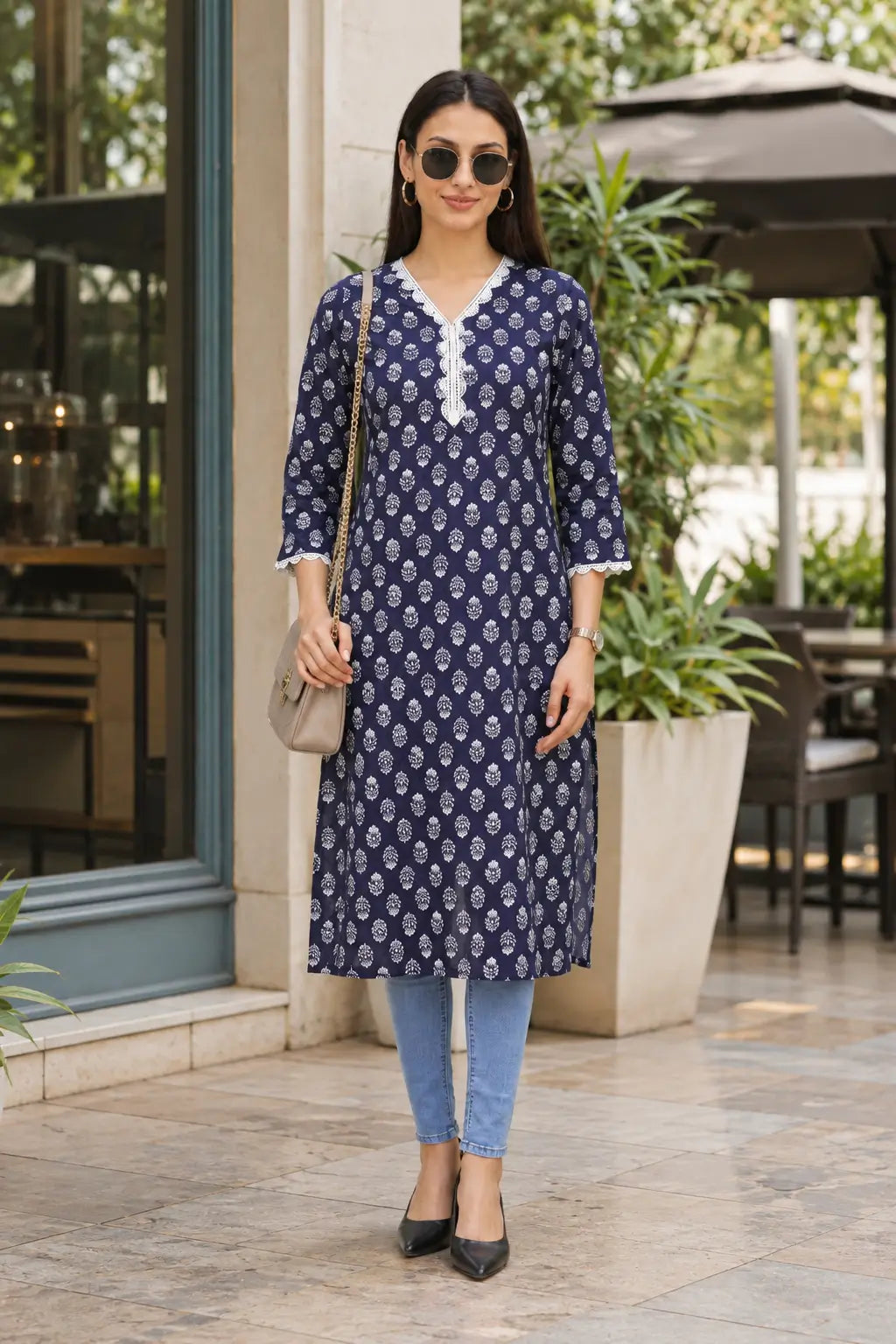 Rabric navy blue cotton daily wear kurti for women with white leaf floral print, V-neck embroidery and 3/4 sleeves in outdoor look