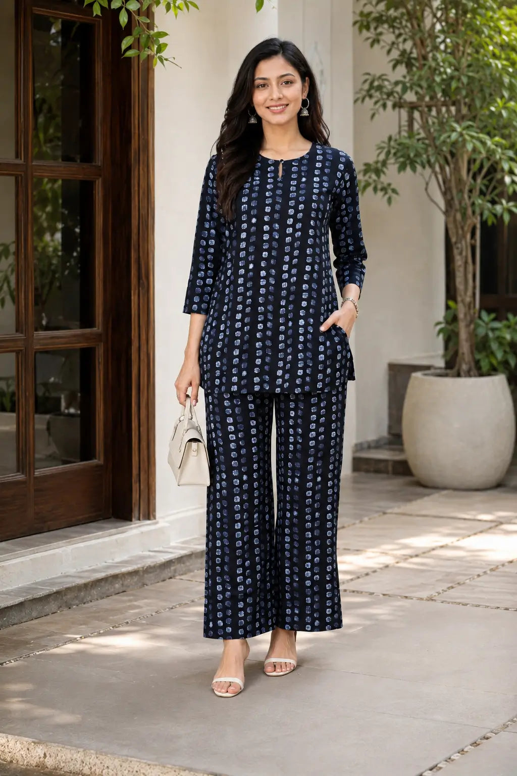 Woman wearing Rabric navy blue cotton casual co-ord set with light blue abstract dot print, short top and wide-leg pajama styled with handbag
