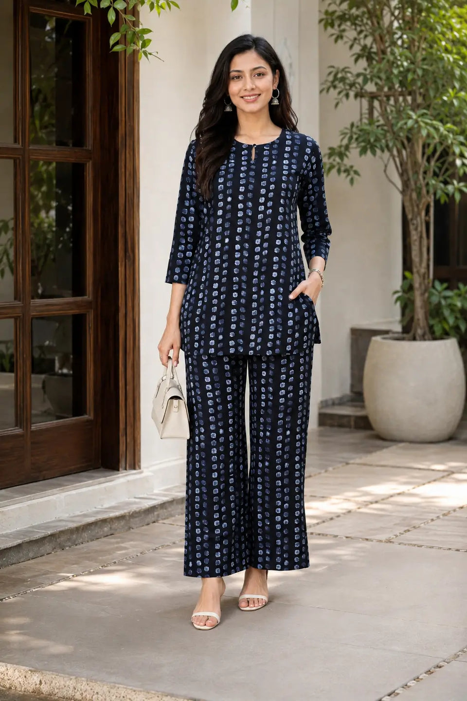 Woman wearing Rabric navy blue cotton casual co-ord set with light blue abstract dot print, short top and wide-leg pajama styled with handbag