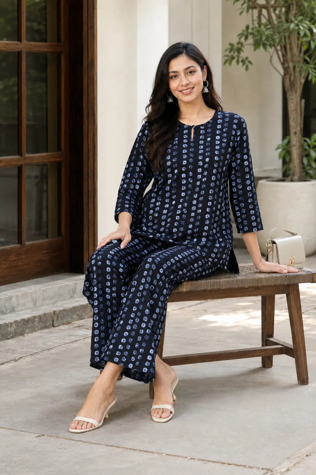 Woman in Rabric navy blue cotton co-ord set with light blue abstract dotted print, short top and wide-leg pajama in relaxed sitting lifestyle pose