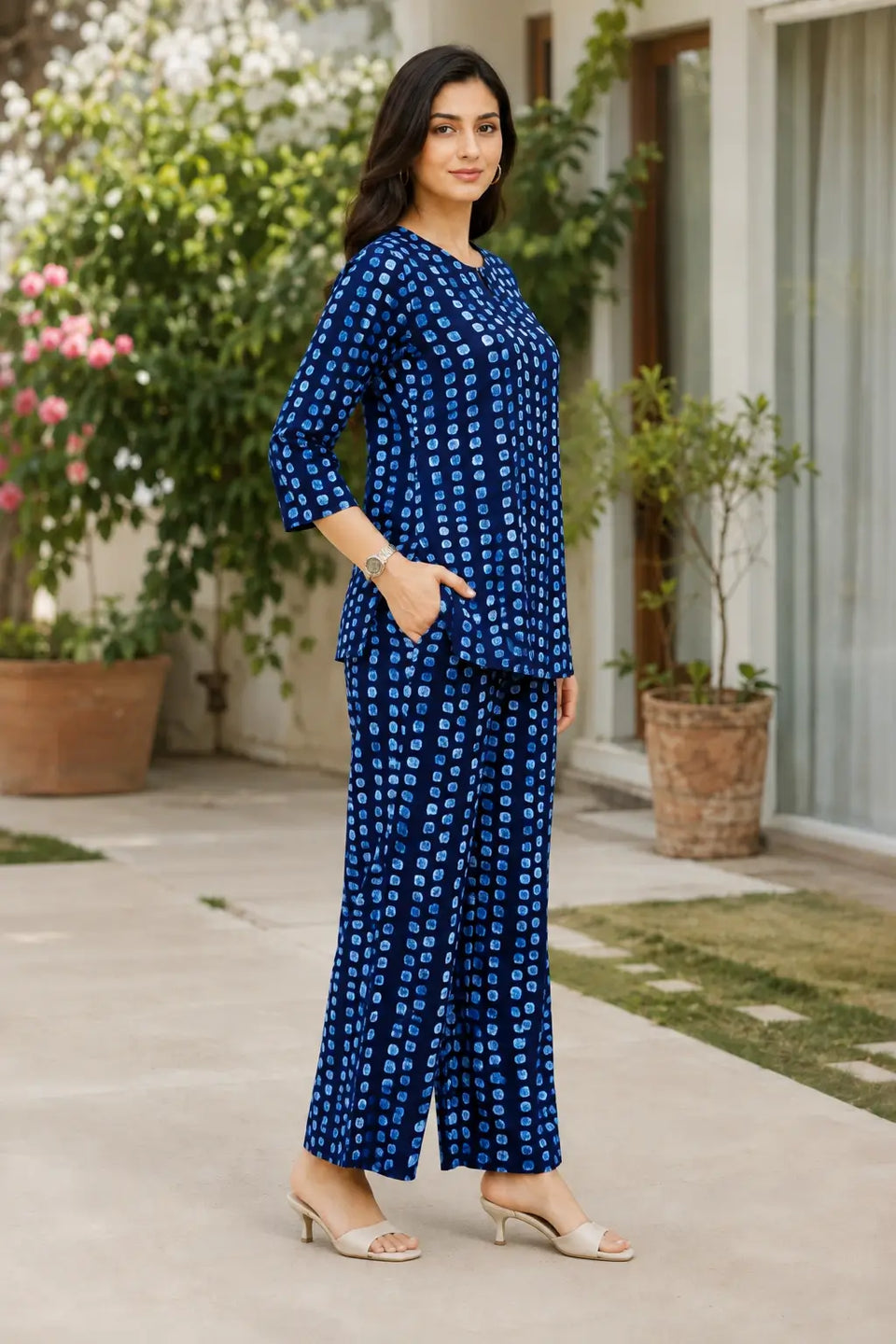 Rabric navy blue cotton dotted print co-ord set for women with short kurti style top and wide leg pants, side view