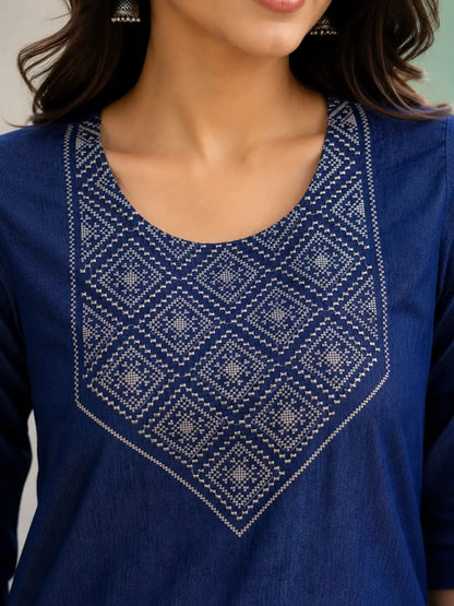 Closeup embroidery neck design of Rabric navy blue cotton short top for women ethnic casual fashion
