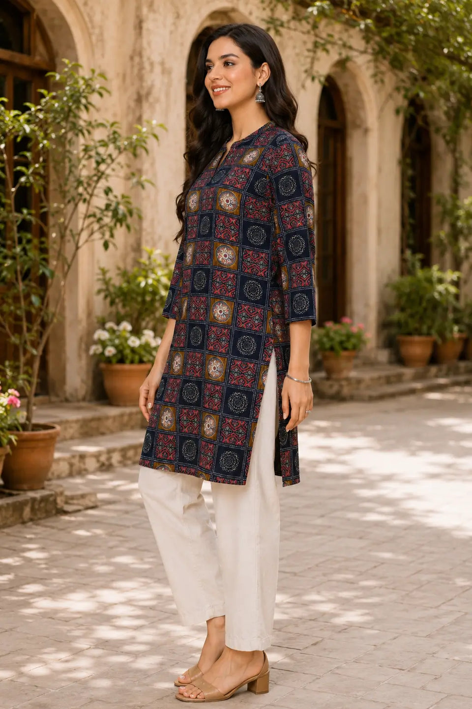 Side view of Rabric navy blue cotton flex women kurti with side slit and stylish casual ethnic fit