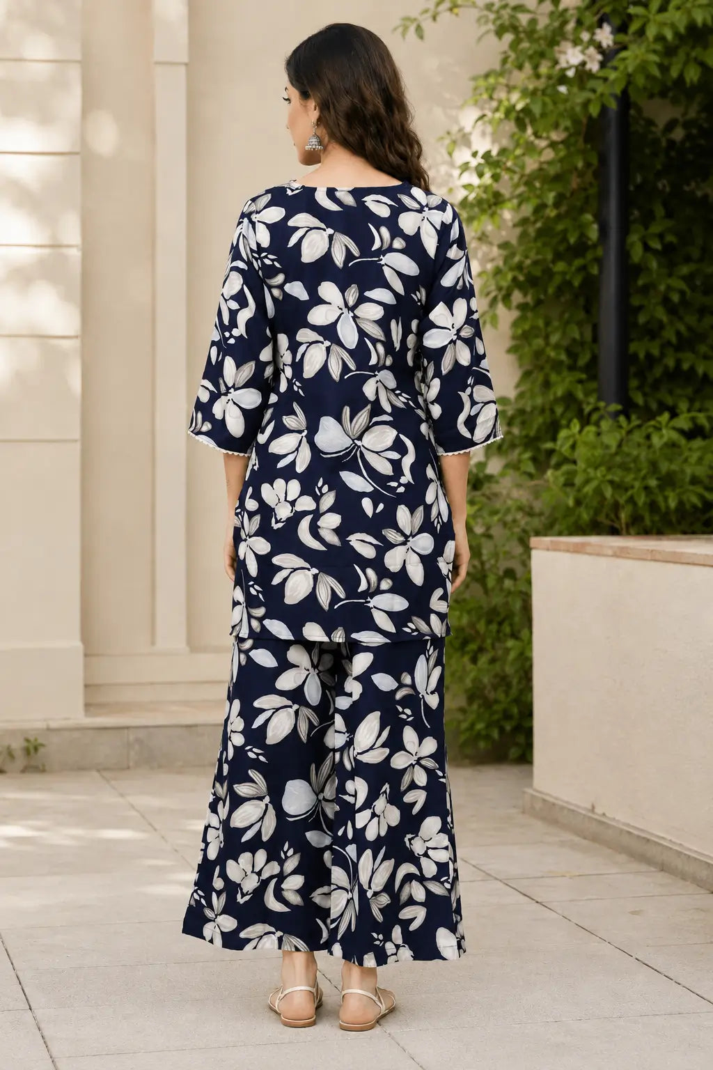 Back view of Rabric navy blue cotton co-ord set with white beige floral print short shirt and matching wide-leg pant