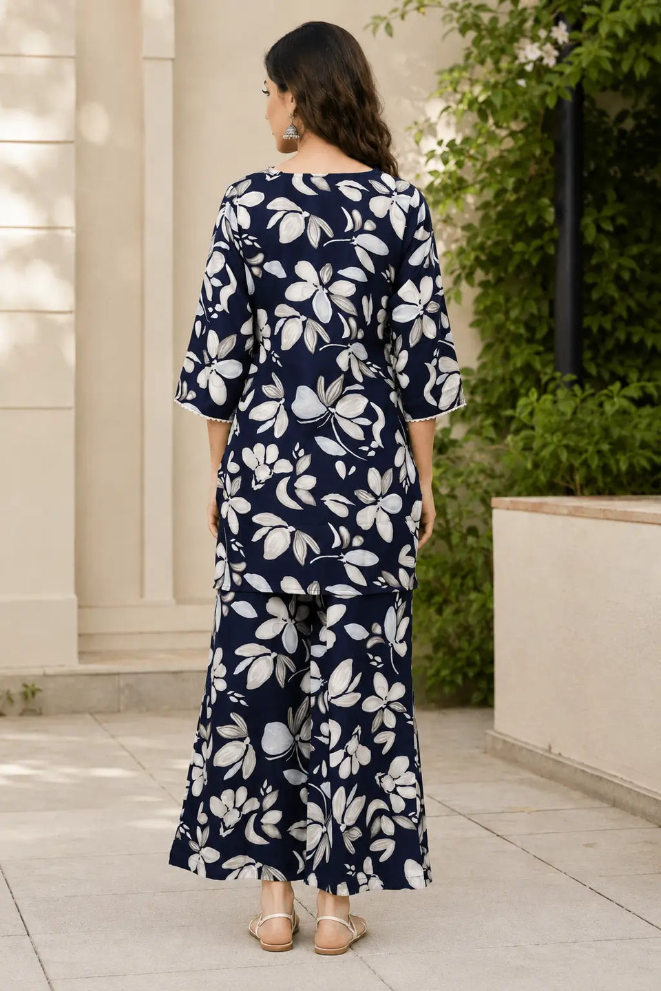 Back view of Rabric navy blue cotton co-ord set with white beige floral print short shirt and matching wide-leg pant