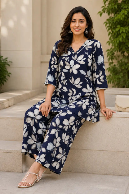 Rabric navy blue cotton floral print co-ord set for women shown in sitting pose with relaxed wide-leg pant styling